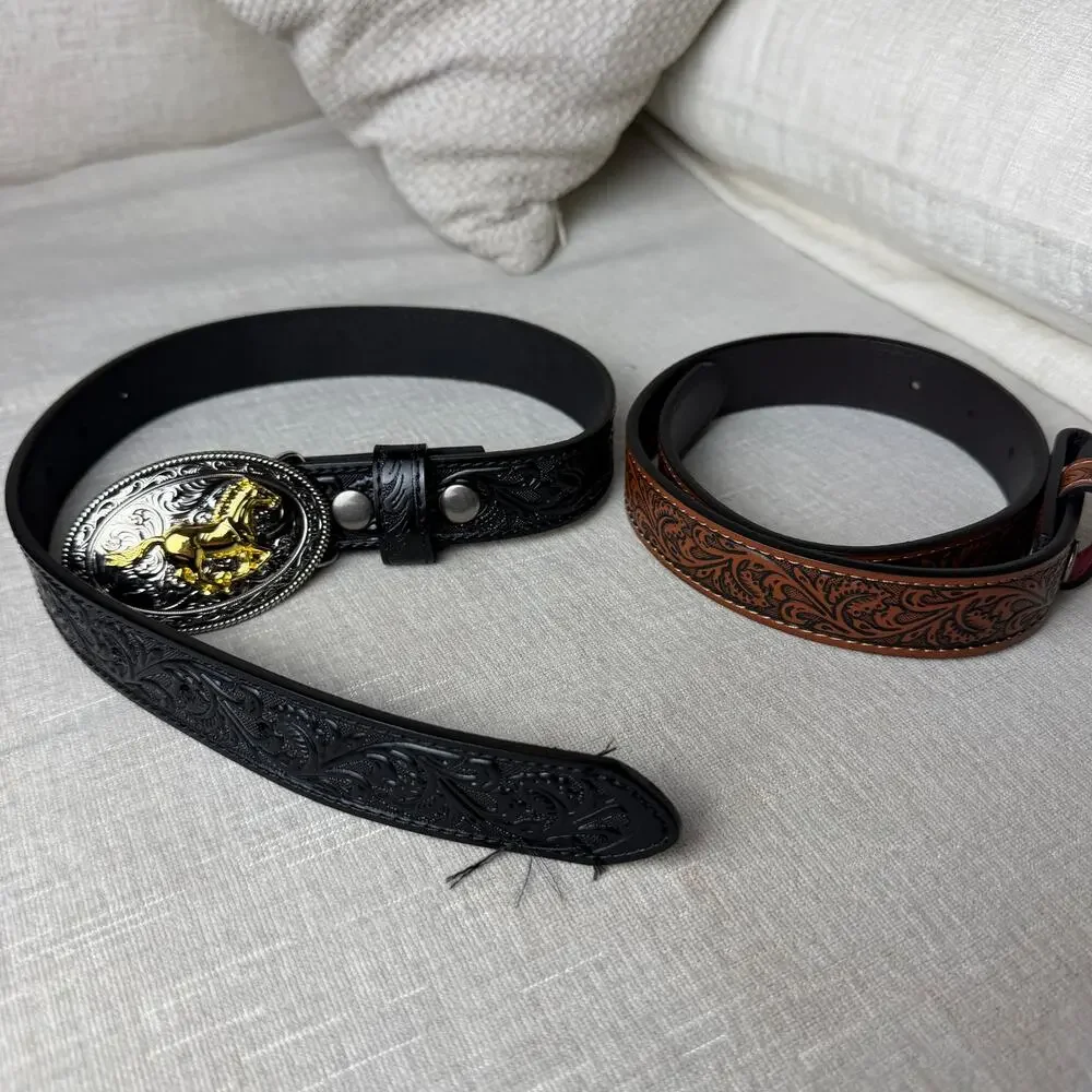 New Kids Western Genuine Leather Belt Embossed Cowboy Cowgirl Bull Horse